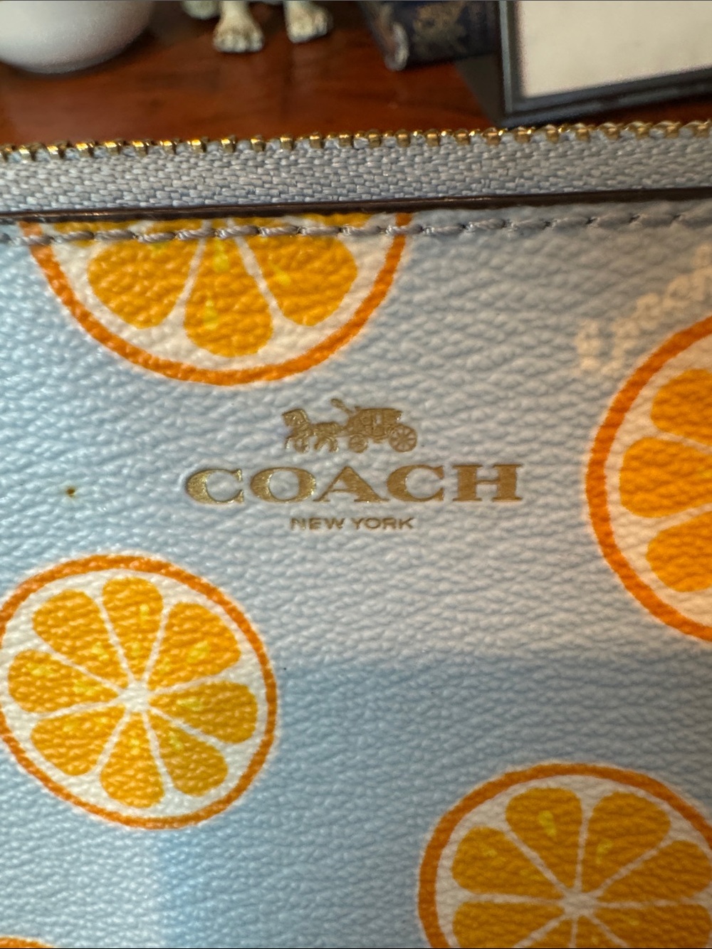 Coach Light Blue Wristlet with Orange Slice Print - Picture 3 of 13